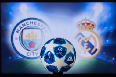 Manchester, İngiltere, Aralık. 16 yaşında. 2019: Manchester City (Eng), Real Madrid 'e karşı. Uefa Şampiyonlar Ligi 2020, Ucl futbolu, Knockout sahnesi, playoff, resmi Adidas futbol topu 2020.
