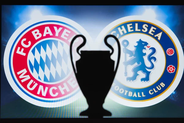 MUNICH, ALEMANHA, DEZEMBRO. 16 anos. 2019: Bayern M =nchen (GER) vs Chelsea London (ENG). Liga dos Campeões da UEFA 2020, Rodada de 16 UCL futebol, Fase de nocaute, playoff, silhueta de troféus UCL . — Fotografia de Stock