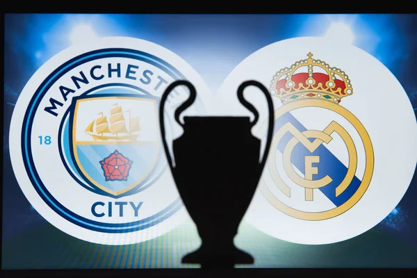 Manchester, İngiltere, Aralık. 16 yaşında. 2019: Manchester City (Eng), Real Madrid 'e karşı. Uefa Şampiyonlar Ligi 2020, 16 Ucl futbol raundu, Knockout sahnesi, playoff, Ucl kupası silüeti.