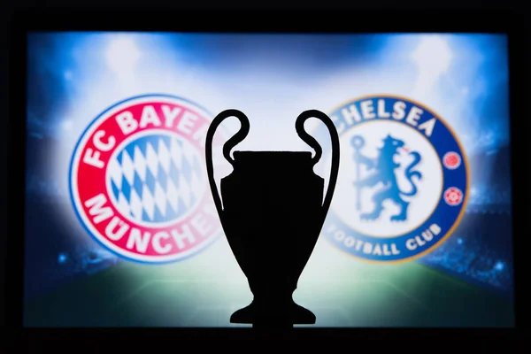 MUNICH, GERMANY, DECEMBER. 16. 2019: Bayern M��nchen (GER) vs Chelsea London (ENG). UEFA Champions League 2020, Round of 16 UCL football, Knockout stage, playoff, UCL trophy silhouette. — Stockfoto