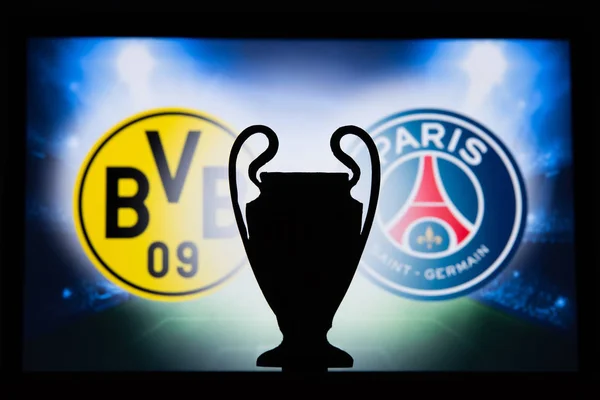 DORTMUND, GERMANY, DECEMBER. 16. 2019: Borussia Dortmund (GER) vs Paris Saint-Germain (FRA). UEFA Champions League 2020, Round of 16 UCL football, Knockout stage, playoff, UCL trophy silhouette. — Stock Photo, Image