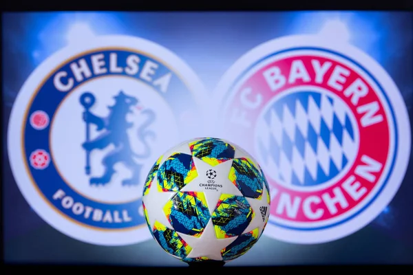 LONDRES, IRLANDA, DEZEMBRO. 16 anos. 2019: Chelsea London (ENG) vs Bayern Munchen (GER). UEFA Champions League 2020, Round of 16 UCL football, Knockout stage, playoff, Official Adidas soccer ball 2020 . — Fotografia de Stock