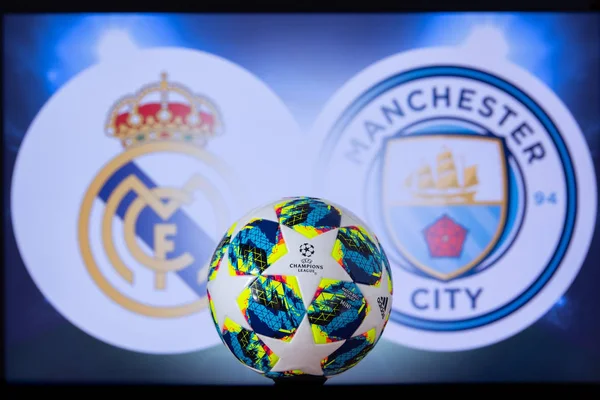 MADRID, Espanha, Dezembro. 16 anos. 2019: Real Madrid (ESP) vs Manchester City (ENG). UEFA Champions League 2020, Round of 16 UCL football, Knockout stage, playoff, Official Adidas soccer ball 2020 . — Fotografia de Stock