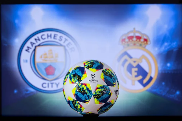 MANCHESTER, ENGLAND, DEZEMBRO. 16 anos. 2019: Manchester City (ENG) vs Real Madrid (ESP). UEFA Champions League 2020, Round of 16 UCL football, Knockout stage, playoff, Official Adidas soccer ball 2020 . — Fotografia de Stock