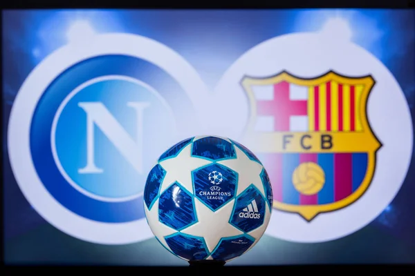 NAPLES, ITALY, DECEMBER. 16. 2019: SSC Napoli (ITA) vs FC Barcelona (SPA). UEFA Champions League 2020, Round of 16 UCL football, Knockout stage, playoff, Official Adidas soccer ball 2020. — Stock Photo, Image