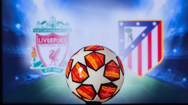 LIVERPOOL, ENGLAND, DECEMBER. 16. 2019: Liverpool (ENG) vs Atl��tico Madrid (ESP). UEFA Champions League 2020, Round of 16 UCL football, Knockout stage, playoff, Official Adidas soccer ball 2020.