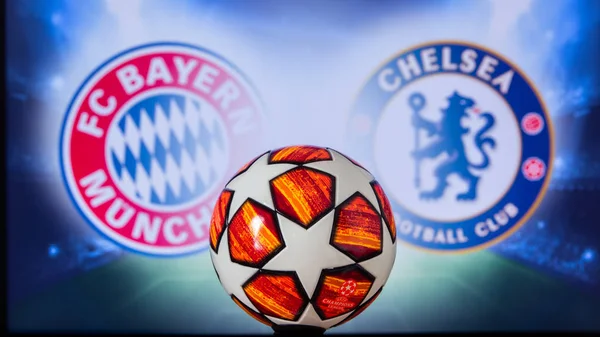 MUNICH, ALEMANHA, DEZEMBRO. 16 anos. 2019: Bayern M =nchen (GER) vs Chelsea London (ENG). UEFA Champions League 2020, Round of 16 UCL football, Knockout stage, playoff, Official Adidas soccer ball 2020 . — Fotografia de Stock