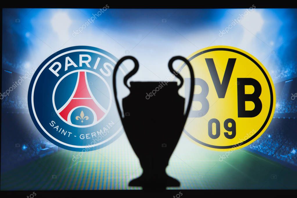 PARIS, FRANCE, DECEMBER. 16. 2019: Paris Saint-Germain (FRA) vs Borussia Dortmund (GER). UEFA Champions League 2020, Round of 16 UCL football, Knockout stage, playoff, UCL trophy silhouette.