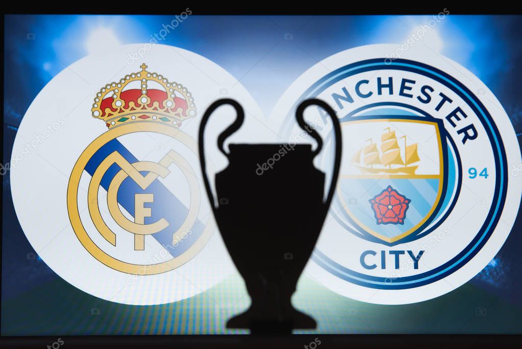 MADRID, SPAIN, DECEMBER. 16. 2019: Real Madrid (ESP) vs Manchester City (ENG). UEFA Champions League 2020, Round of 16 UCL football, Knockout stage, playoff, UCL trophy silhouette.