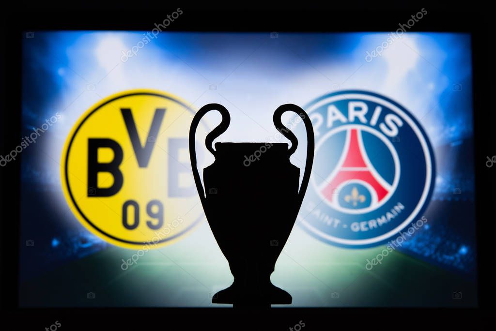 DORTMUND, GERMANY, DECEMBER. 16. 2019: Borussia Dortmund (GER) vs Paris Saint-Germain (FRA). UEFA Champions League 2020, Round of 16 UCL football, Knockout stage, playoff, UCL trophy silhouette.