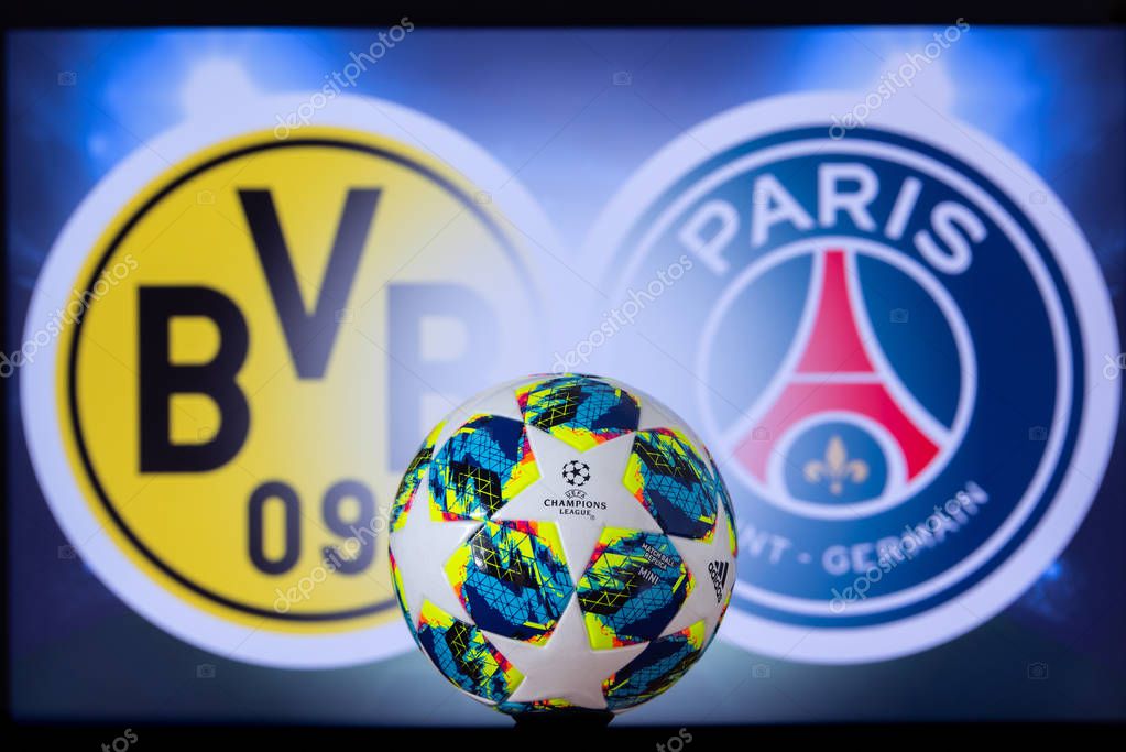 DORTMUND, GERMANY, DECEMBER. 16. 2019: Borussia Dortmund (GER) vs Paris Saint-Germain (FRA). UEFA Champions League 2020, Round of 16 UCL football, Knockout stage, playoff, Adidas soccer ball 2020.