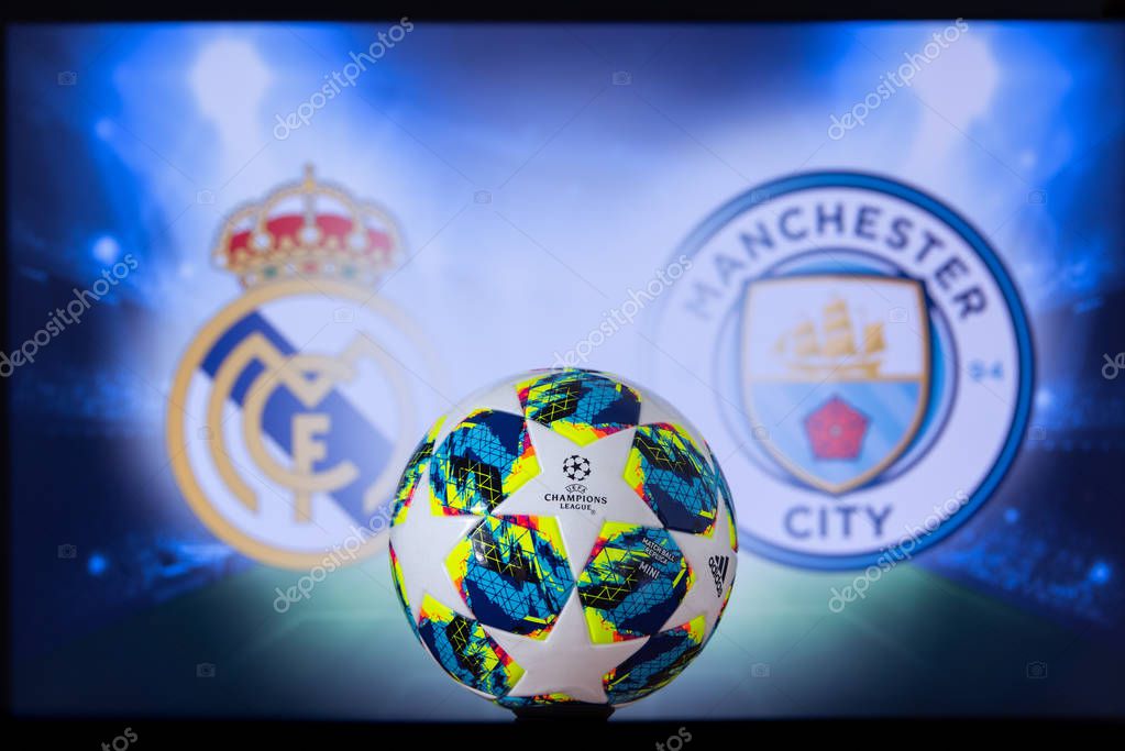 MADRID, SPAIN, DECEMBER. 16. 2019: Real Madrid (ESP) vs Manchester City (ENG). UEFA Champions League 2020, Round of 16 UCL football, Knockout stage, playoff, Official Adidas soccer ball 2020.