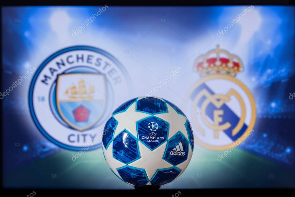 MANCHESTER, ENGLAND, DECEMBER. 16. 2019: Manchester City (ENG) vs Real Madrid (ESP). UEFA Champions League 2020, Round of 16 UCL football, Knockout stage, playoff, Official Adidas soccer ball 2020.