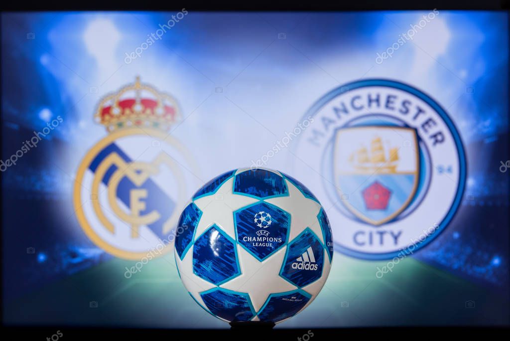 MADRID, SPAIN, DECEMBER. 16. 2019: Real Madrid (ESP) vs Manchester City (ENG). UEFA Champions League 2020, Round of 16 UCL football, Knockout stage, playoff, Official Adidas soccer ball 2020.