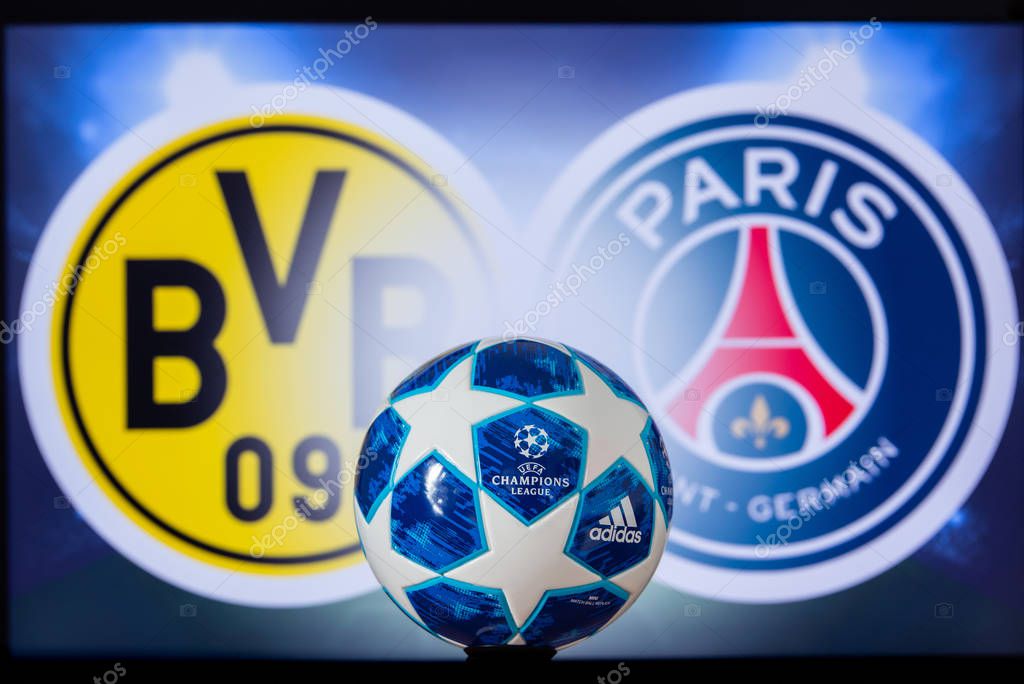 DORTMUND, GERMANY, DECEMBER. 16. 2019: Borussia Dortmund (GER) vs Paris Saint-Germain (FRA). UEFA Champions League 2020, Round of 16 UCL football, Knockout stage, playoff, Adidas soccer ball 2020.