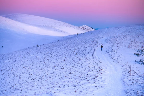 Passeio turístico no topo da cordilheira branca das montanhas de inverno — Fotografia de Stock