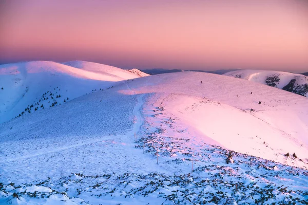 Luz do sol rosa no inverno branco Paisagem dos Cárpatos. Fatra, Eslováquia — Fotografia de Stock