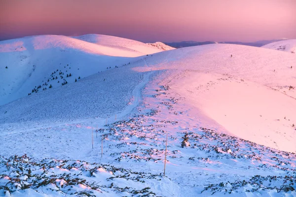 Zimní hory hřeben v růžových barvách východ slunce, kopce pokryté bílým sněhem — Stock fotografie