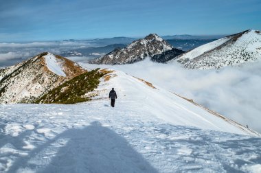 Kış dağlarında yürüyüşçü, yüksek kalite fotoğraf, Slovakya 'da Fatra