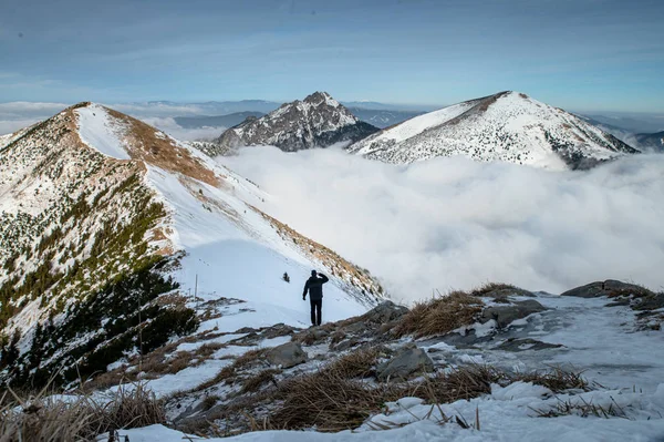 Turisticky stojící v zimních horách. Zasněžené kopce v pozadí. Fotografie vysoké kvality — Stock fotografie
