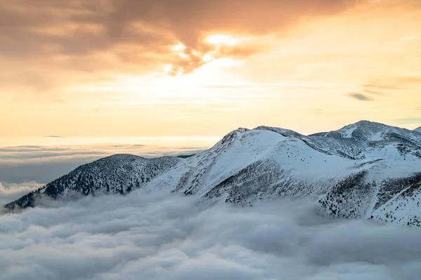 Sis ve beyaz kış manzarası, turuncu günbatımı ışığı — Stok fotoğraf