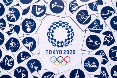 Tokyo, Japonya, Ocak. - 20. 2020: Tokyo 2020 Yaz Olimpiyatları arka planı, Pictogram ve Icon Japonya 'da bir Game logosu