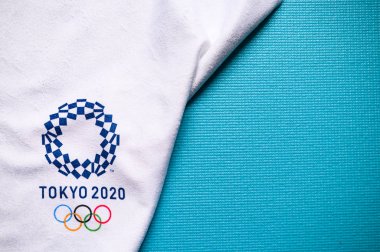 Tokyo, Japonya, Ocak. - 20. 2020: XXXii Yaz Olimpiyatları 'nın logosu 2020 Beyaz zemin, mavi düzenleme alanı, olimpiyat şablonu