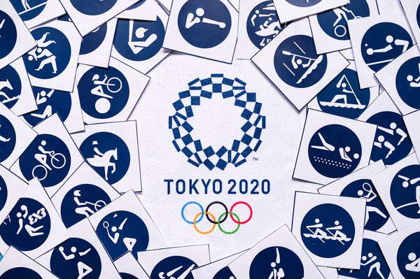 TOKYO, JAPAN, JANUARY. 20. 2020: Tokyo 2020 fundal de joc olimpic de vară, Pictogramă și icoană un logo al jocului în Japonia — Fotografie, imagine de stoc
