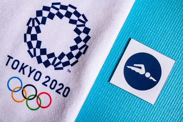 Hej, JAPAN og JANUAR. 20. 2020: Svømning, piktogram til sommer olympiske spil Tokyo 2020 - Stock-foto