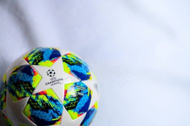 Madrid, İspanya, Ocak. - 20. 2020: Şampiyonlar Ligi Şablonu, resmi top, beyaz düzenleme alanı