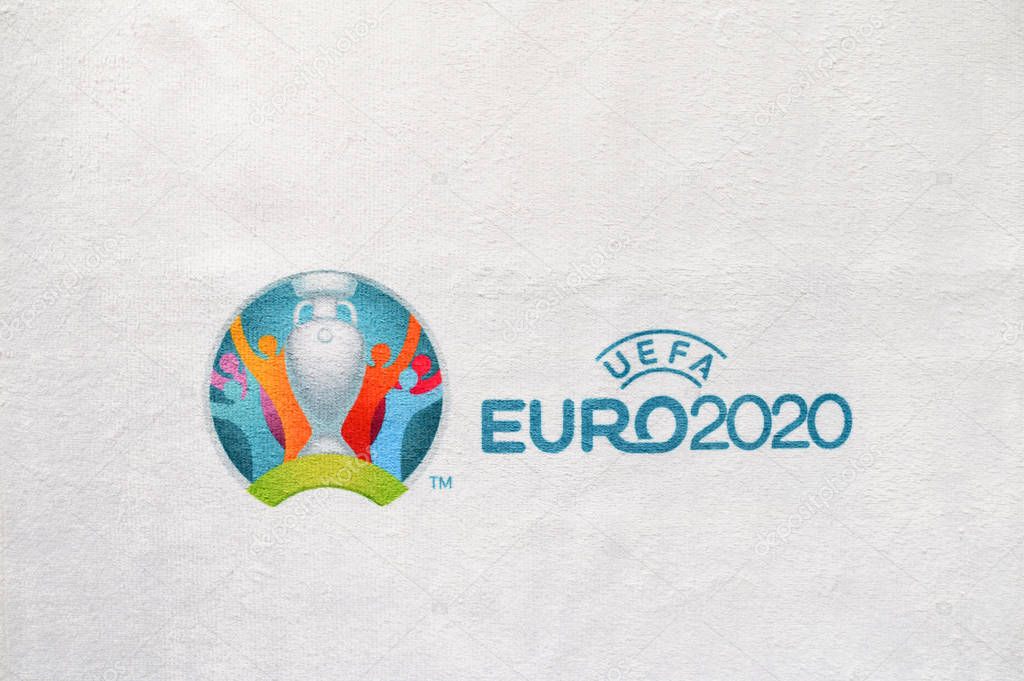 MADRID, SPAIN, APRIL. 25. 2020: Logo of Euro 2020 football tournament, printed on white fabric
