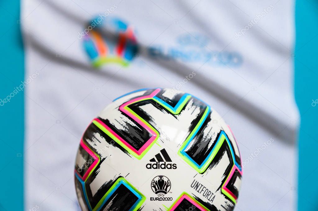 PARIS, FRANCE, JANUARY. 20. 2020: Euro 2020 background, Uniforia official ball, logo of football tournament in background
