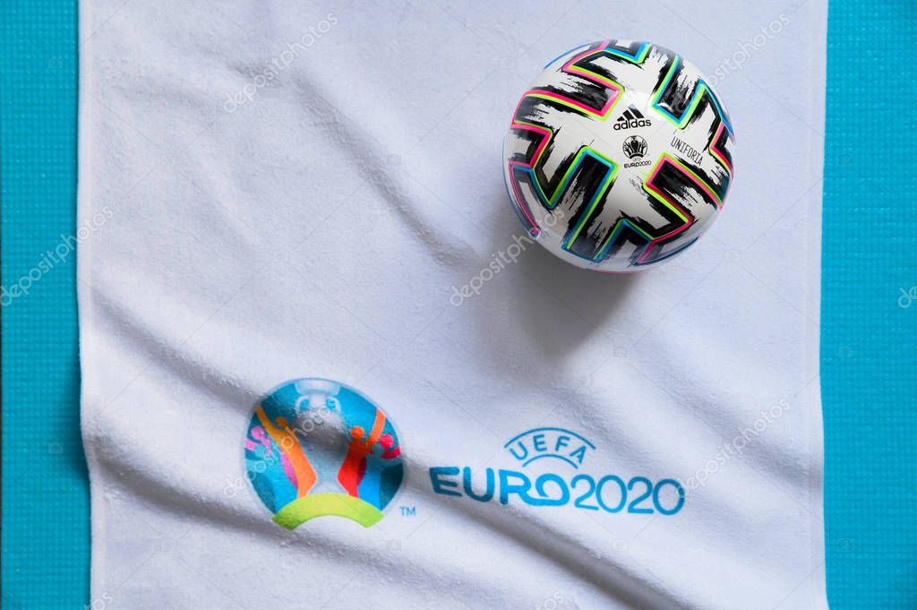 PARIS, FRANCE, JANUARY. 20. 2020: Euro 2020, official logo, white edit space, official ball, Uniforia