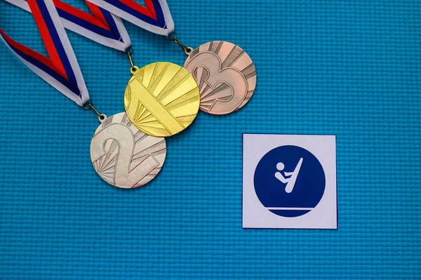 Trampoline Gymnastics icon and medal set, gold silver and bronze . Original wallpaper for summer olympic game in Tokyo 2020