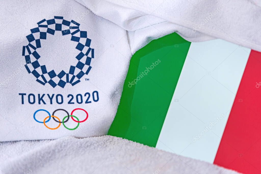 TOKYO, JAPAN, FEBRUARY. 4, 2020: Italy National flag, official logo of summer olympic games in Tokyo 2020. White background