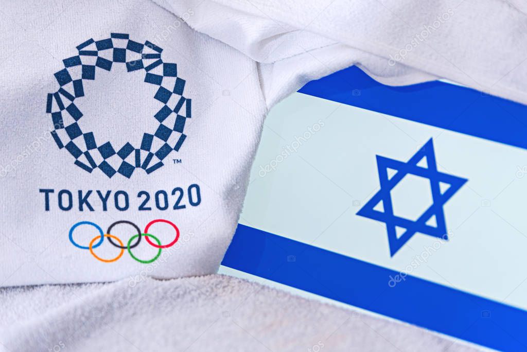 TOKYO, JAPAN, FEBRUARY. 4, 2020: Israel National flag, official logo of summer olympic games in Tokyo 2020. White background