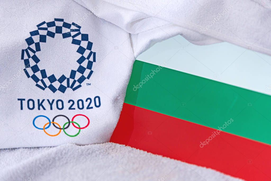 TOKYO, JAPAN, FEBRUARY. 4, 2020: Bulgaria National flag, official logo of summer olympic games in Tokyo 2020. White background
