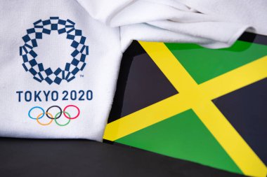 Tokyo, Japonya, Şubat. - Sekiz. 2020: Jamaika Yaz Olimpiyatları 'nda Tokyo 2020, ulusal bayrak, siyah arkaplan