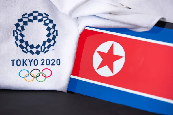 TOKYO, JAPAN, FEBRUARY. 8. 2020: Korea, North at summer olympic game in Tokyo 2020, national flag, black background — Stock Photo, Image