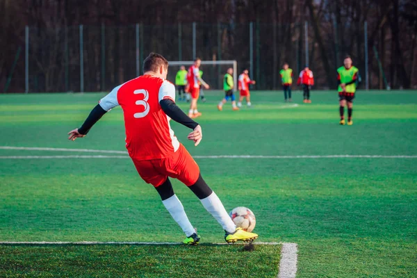 Fußballer kicken den Ball auf grünem Rasen, professionelles Fußballspiel — Stockfoto