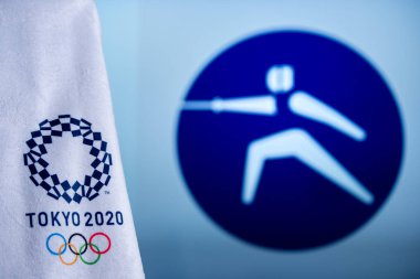 Tokyo, Japonya, Şubat. - 14. 2020: Tokyo 2020 Yaz Olimpiyatları için eskrim ikonu