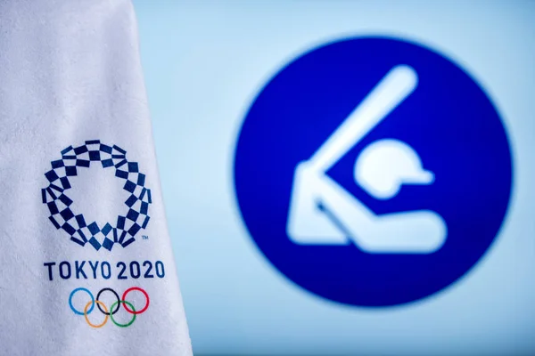 Tokio, Japonia, luty. 14. 2020: Ikona baseballa do igrzysk olimpijskich w Tokio 2020 — Zdjęcie stockowe