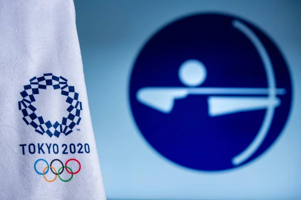 Tokio, Japonia, luty. 14. 2020: Ikona łucznictwa do letniej gry olimpijskiej w Tokio 2020 — Zdjęcie stockowe