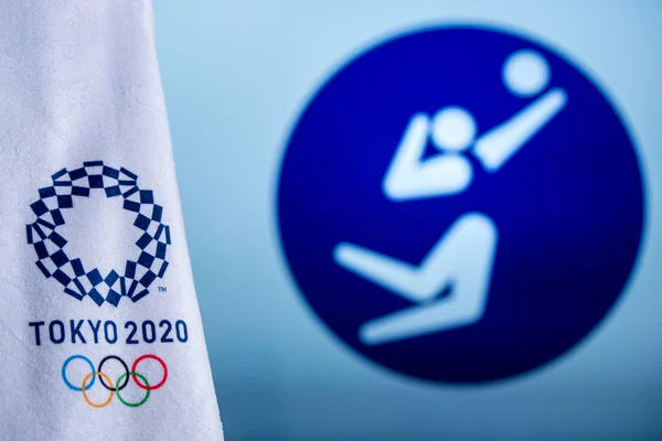 TOKYO, Japani, FEBRUARY. 14 vuotta. 2020: Lentopallon ikoni kesäolympialaisiin Tokiossa 2020 — kuvapankkivalokuva