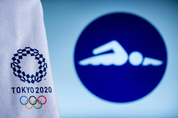 Tokio, Japan, februari. 14. 2020: Zwemicoon voor Olympische zomerspelen in Tokyo 2020 — Stockfoto