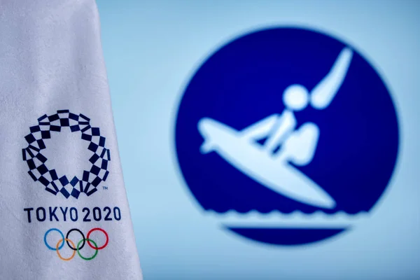 Tokio, Japan, februari. 14. 2020: Surficoon voor Olympische zomerspelen in Tokyo 2020 — Stockfoto