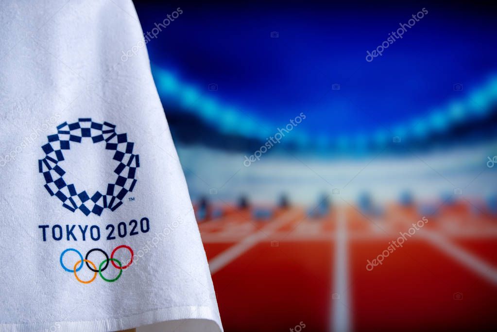 TOKYO, JAPAN, FEBRUARY. 14. 2020: Summer olympic game background, olympic logo Tokyo 2020, athletics track in background