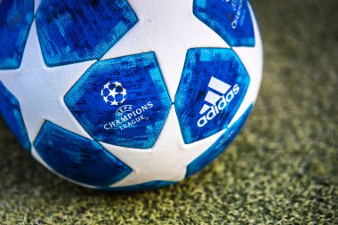 Madrid, İspanya, Ocak. Üç. 2018: Uefa Şampiyonlar Ligi resmi maç topu, ayrıntı