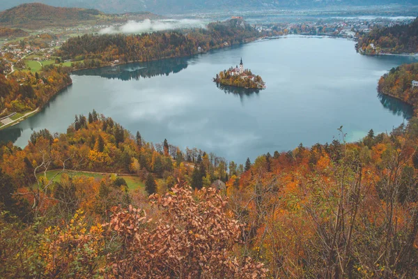 Luftaufnahme der Kirche Mariä Himmelfahrt auf dem Bleder See. Sonnige Herbstlandschaft in den Julischen Alpen, Slowenien, Europa. — Stockfoto