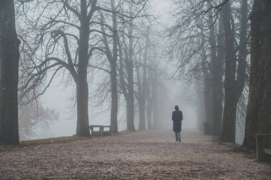 Sisli sokakta yalnız bir kadın yürüyor. Depresyon ve yalnızlık konsepti fotoğrafı